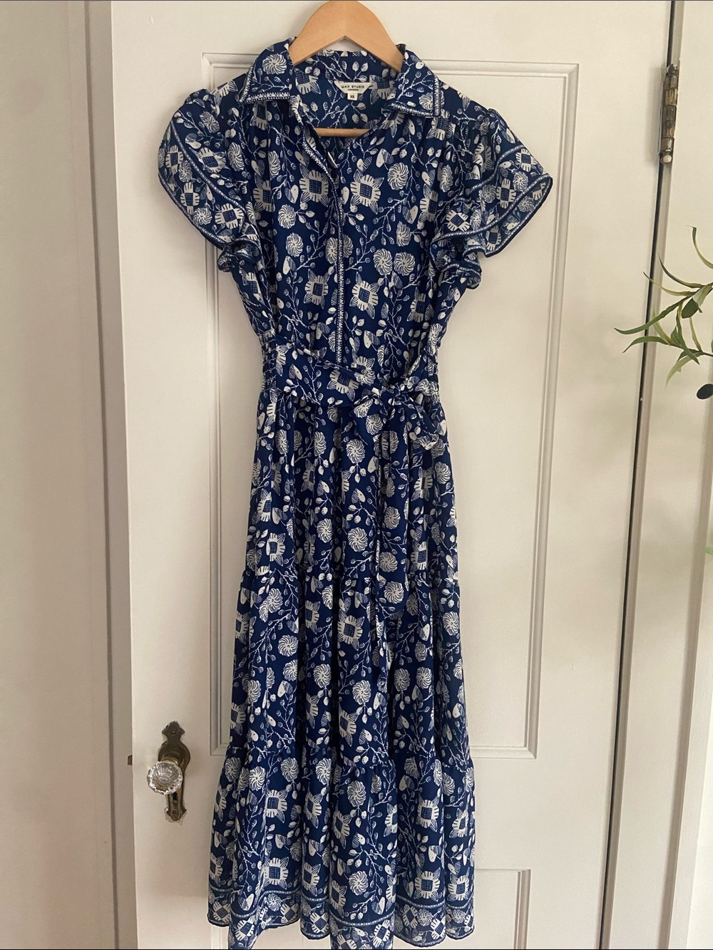 Max Studio Navy/Royal Blue Floral Midi Dress with Tie Waist